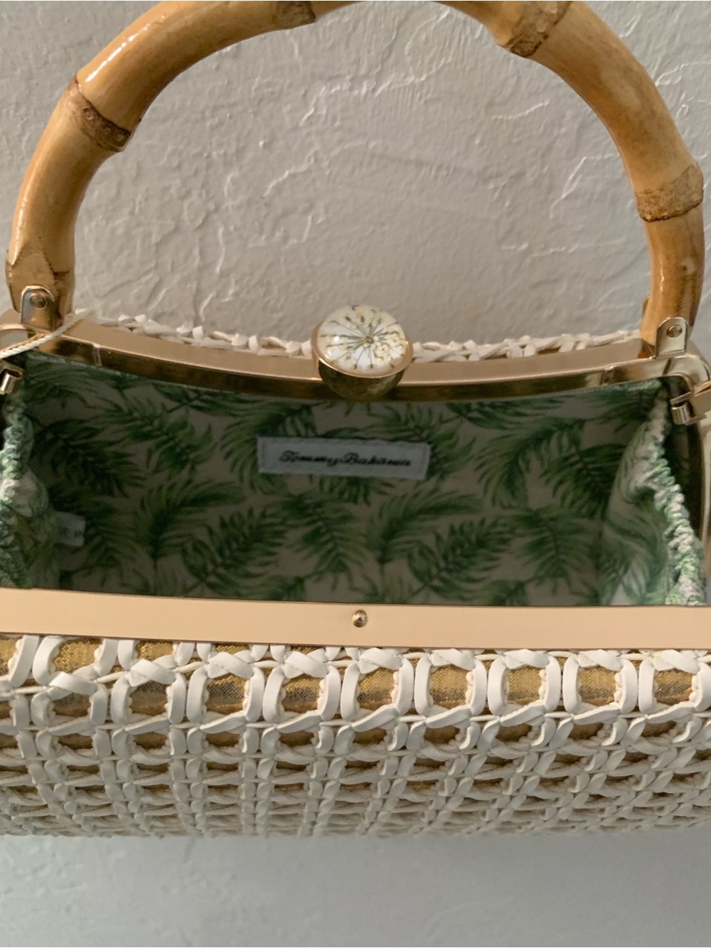 Tommy Bahama GoldCream Woven Clutch Bamboo Handle Gold Chain Strap Kiss Lock NWT - Picture 6 of 10